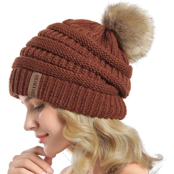 Women Rust Soft Acrylic Thick Baggy Knit Winter Faux Fur Pompom Beanie - Picture 2 of 6